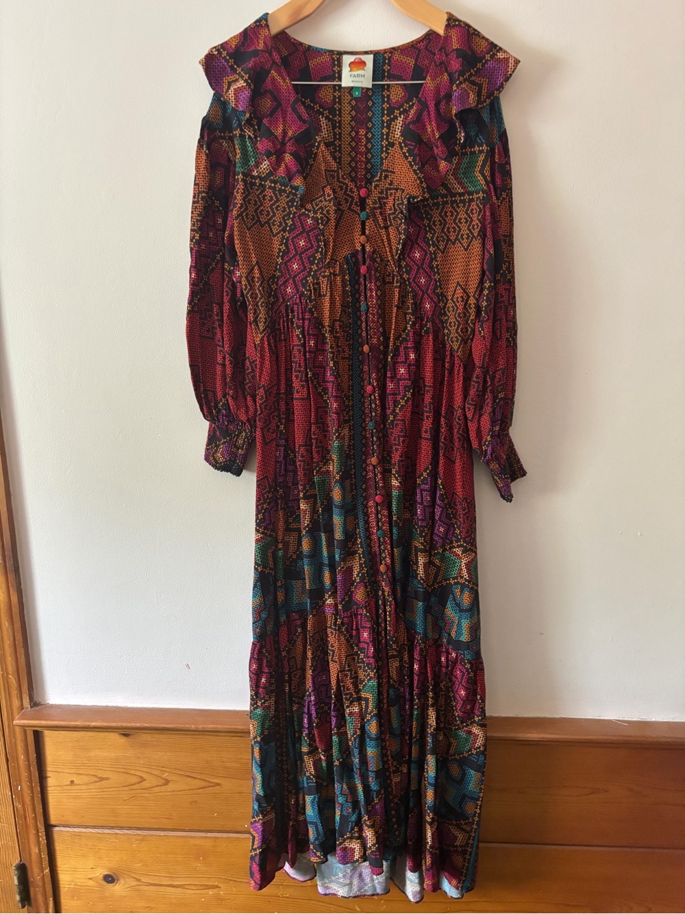 Farm Rio‎ Yawanawa Stripes Ankle Maxi Dress Red Bohemian Ruffle Size S - Picture 2 of 8